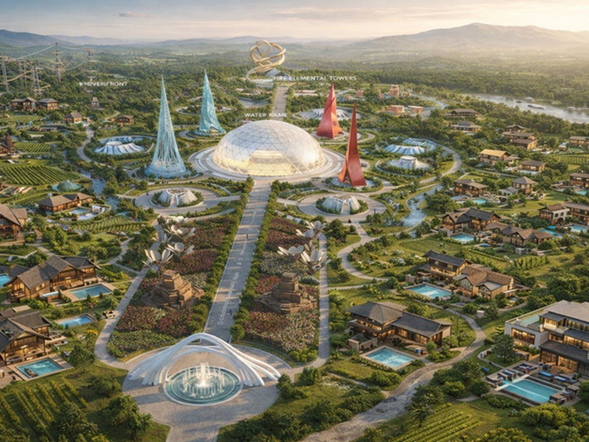 Futuristic aerial site plan of the township
