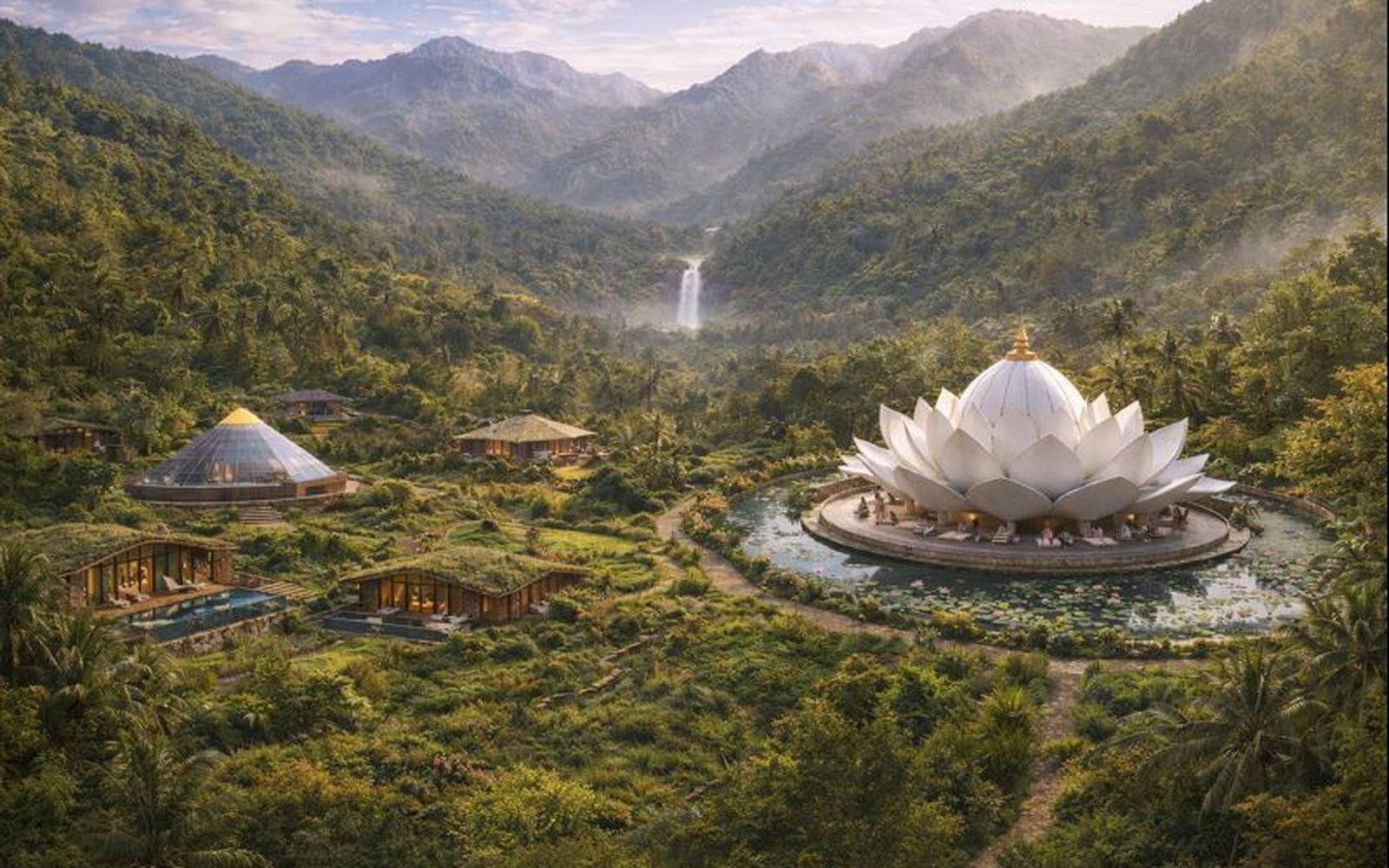 Lotus fountain in a forest valley sanctuary